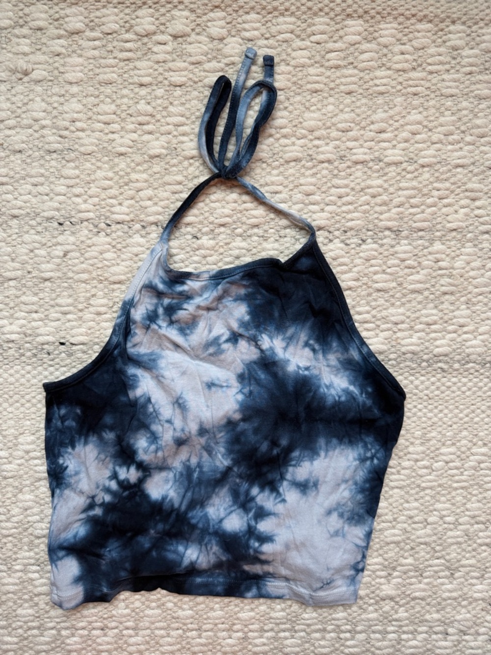Brandy Melville Navy and White Tie-Dye Halter Crop Top